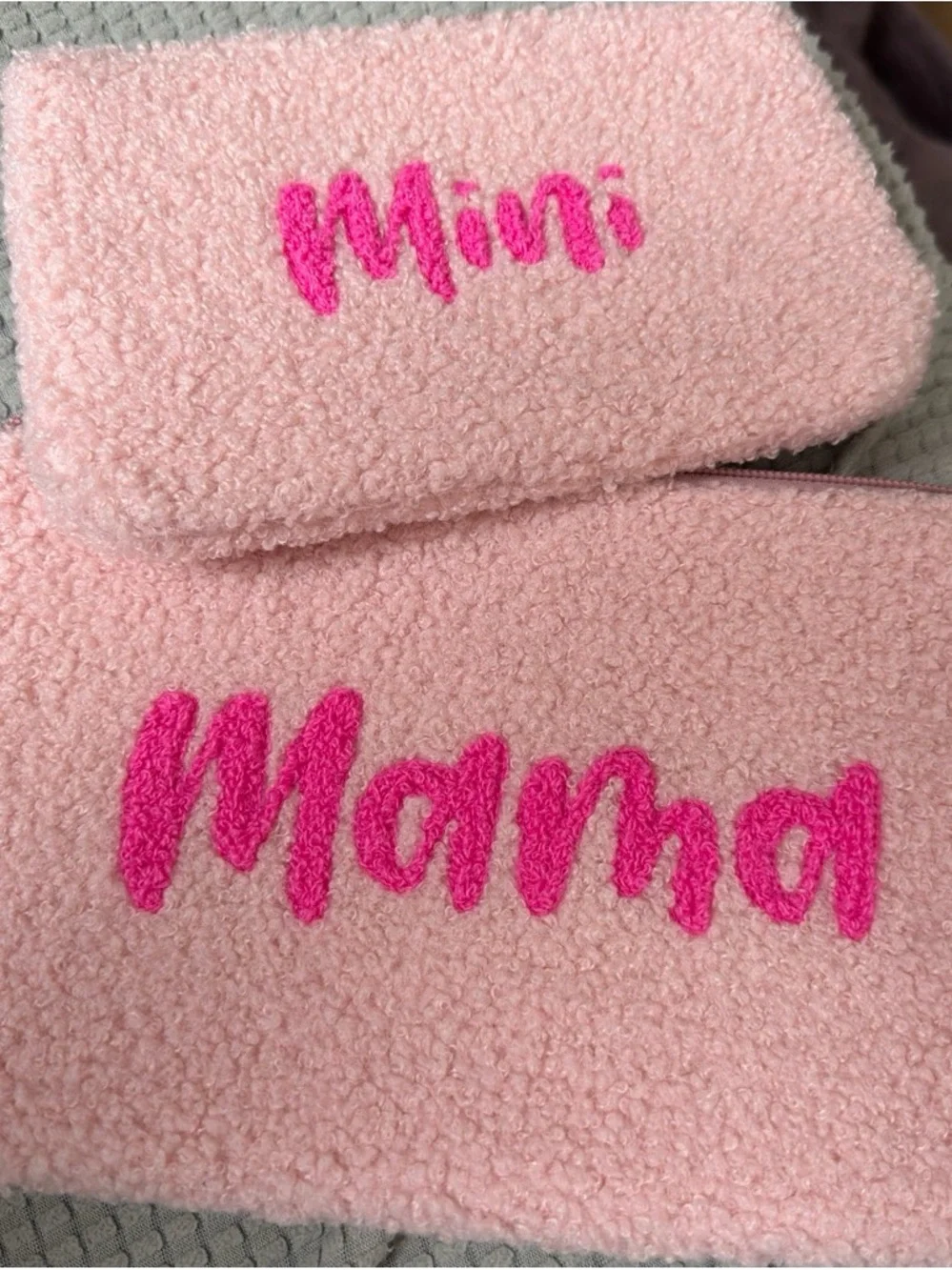 Pink 'Mama' & 'Mini' Sherpa Bib Set - Soft Pink with Hot Pink Embroidery